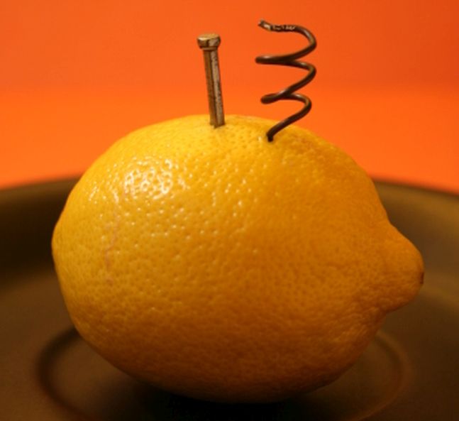 Lemon with a nail and a coil of wire stuck into it (Second Grade Science)