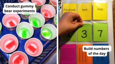 Tips for teaching 2nd grade, including "Conduct gummy bear experiments" with gummy bears in cups and "Build number of the day with colored numbers in binder
