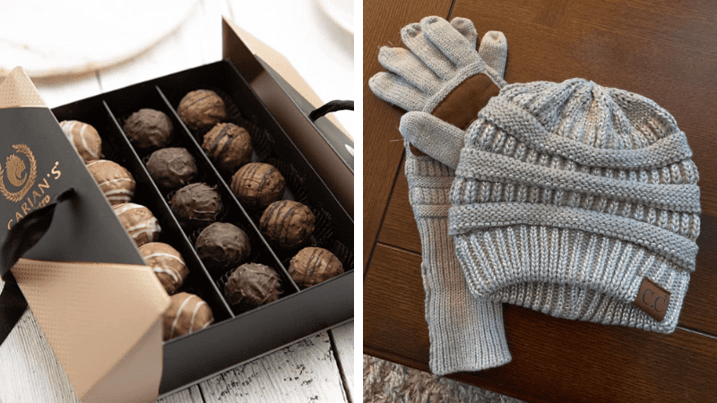 Secret Santa gifts for teachers, including hat and gloves and box of chocolate.