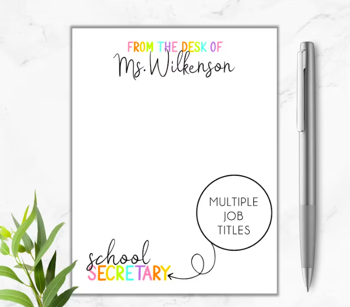 A cheerful notepad that reads from the desk of Mrs. Wilkenson, school secretary as an example of gifts for paraprofessionals