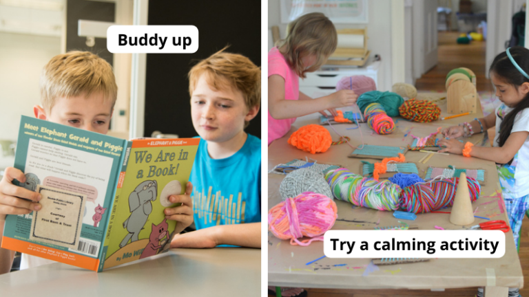 Children in classrooms doing SEL activities such as buddy reading and trying a calming yarn activity.