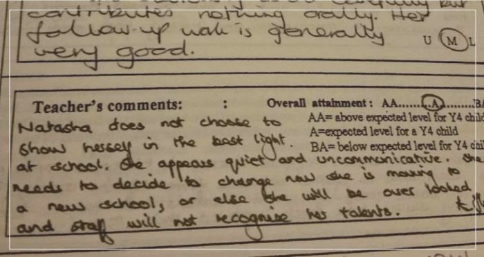 School report for a student with selective mutism blaming them for their behavior