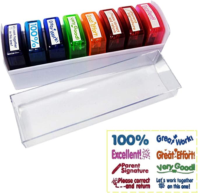 Self-inking teacher stamp set with positive phrases for student encouragement.