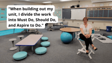 Teacher in an empty classroom with flexible seating and quote 'When building out my unit, I divide the work into Must Do, Should Do, and Aspire to Do'