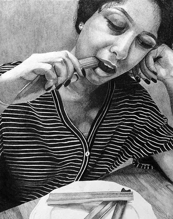 A drawing shows a girl eating celery. It is in black and white.