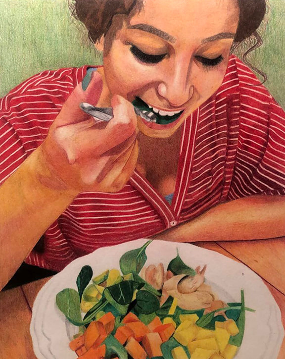 A drawing shows a woman eating a meal. It is in color.
