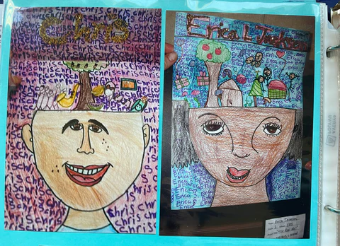 Two self portraits are shown side by side in this example of art projects for middle schoolers. The faces are drawn on and the heads open up to drawings of trees, etc.