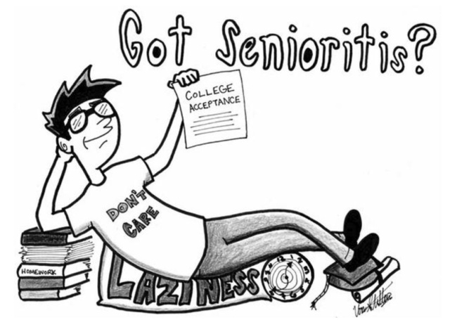 Illustration of student holding a college acceptance letter, lying on a pile of books wearing a shirt that reads "Don't Care." The caption reads "Got Senioritis?"