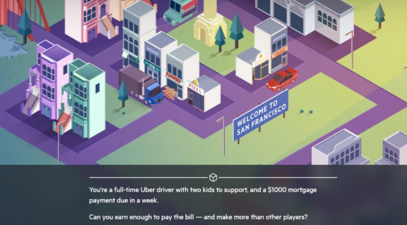 Screenshot from The Uber Game describing a real-life scenario