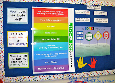 A colorful bulletin board with ideas to help students regulate their emotions creates the background for a student sensory break center