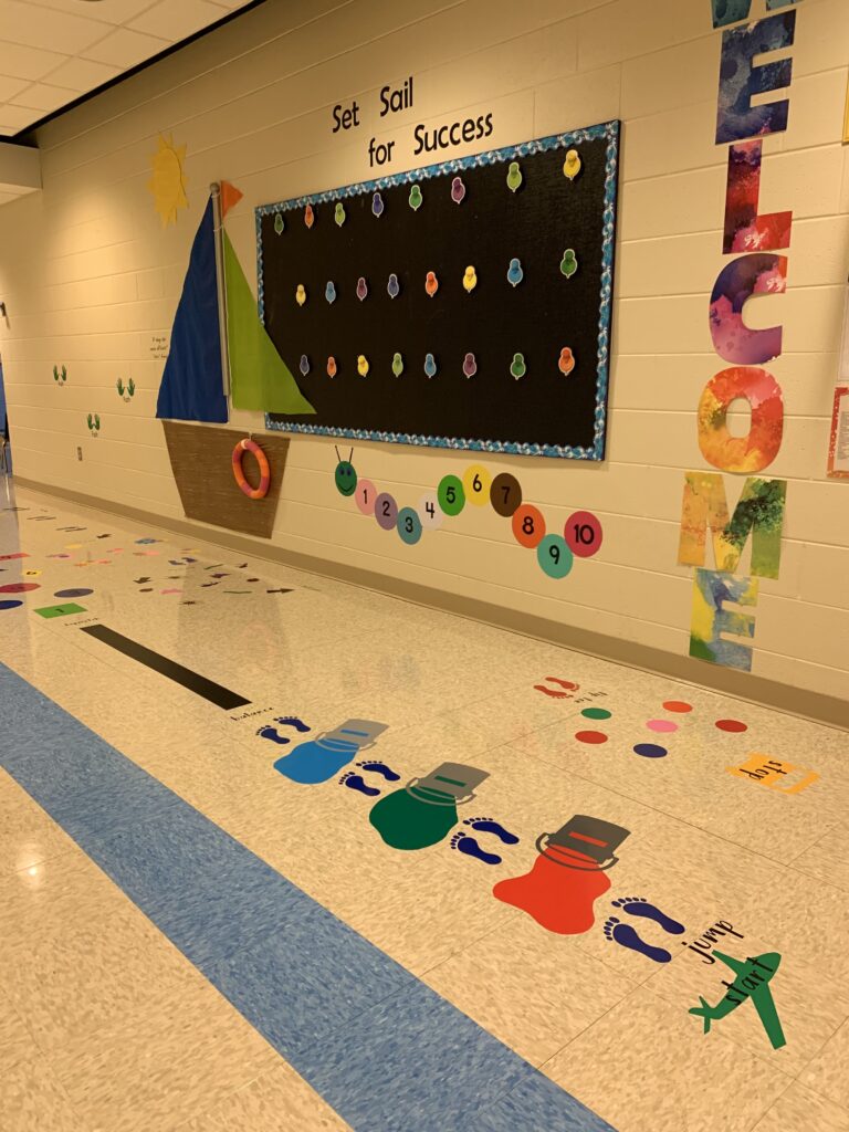 sensory pathway in a hallway that has different things for students to do as they walk in line 