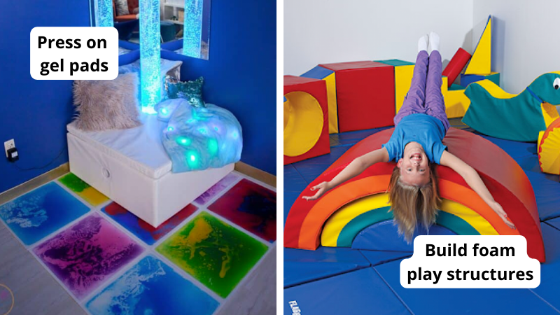 Examples of sensory rooms, including pushing on colored gel pads on the floor and a girl laying on foam play structures she built.
