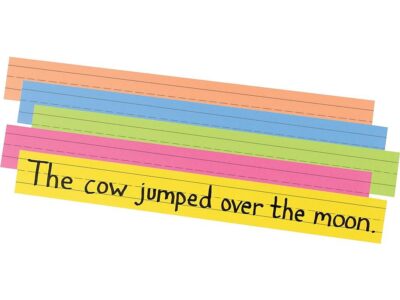 Colored sentence strips with text 'The cow jumped over the moon.'