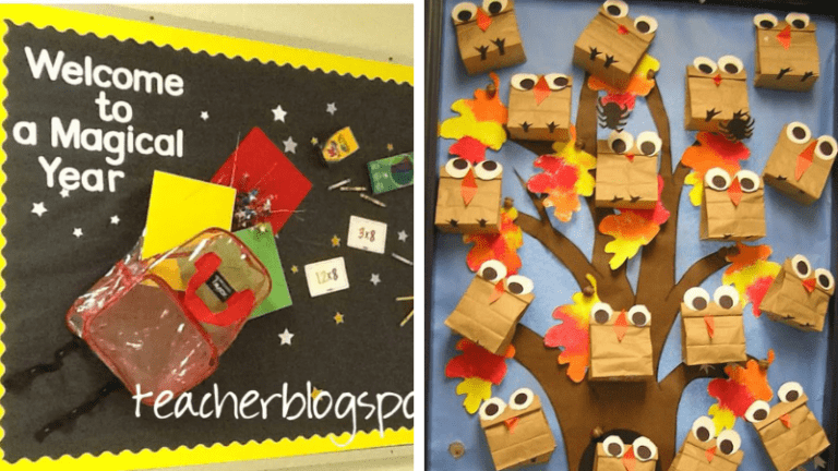 Examples of September bulletin boards including a 3-D backpack with supplies and 3-D owls in a tree