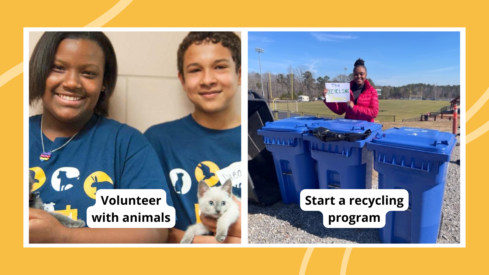 Collage of student service learning projects, including volunteering with animals and starting a recycling program