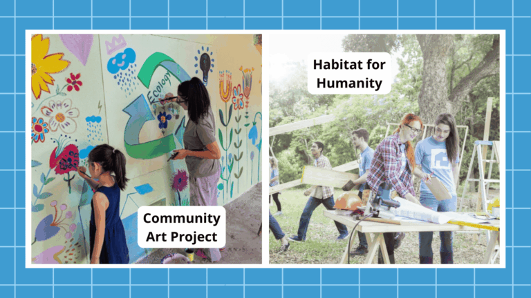 Collage of service learning projects including community art projects and Habitat for Humanity