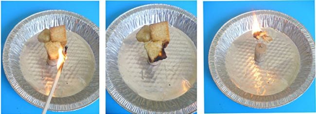 Collage of tin pans with burning bread cubes (Seventh Grade Science)