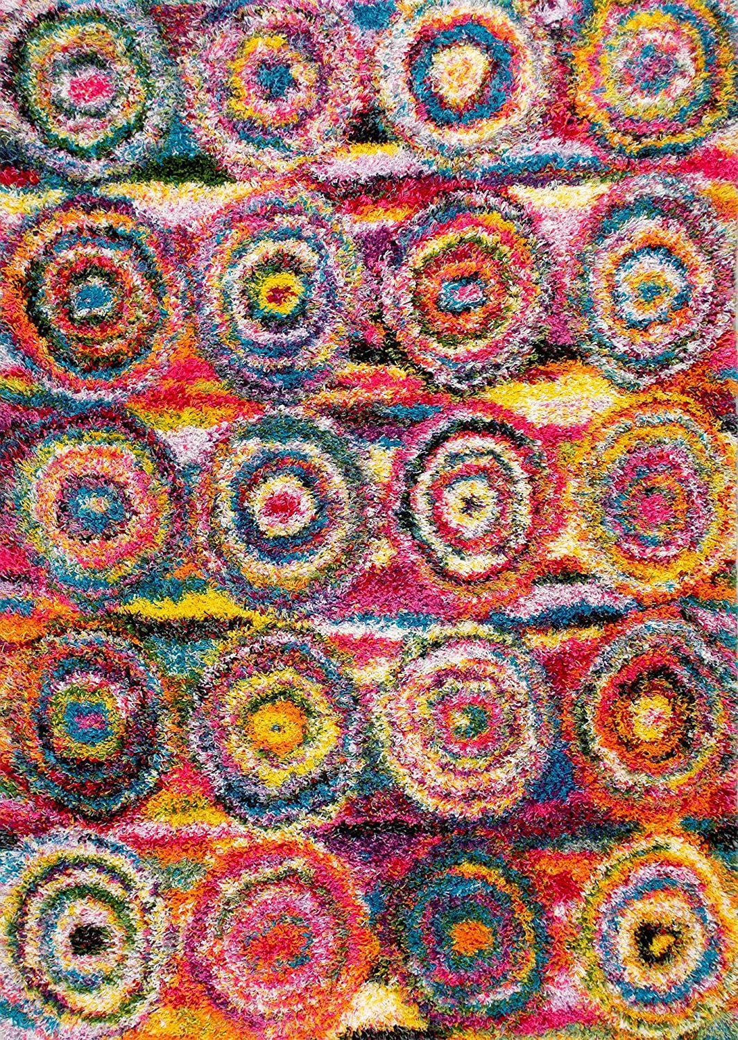 Classroom rugs can be shaggy like this one made of colorful rings of yarn.