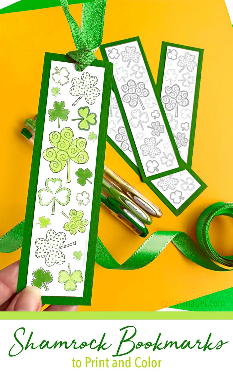 shamrock bookmarks are made from coloring sheets attached to green cardstock (St. Patrick's Day crafts for kids)