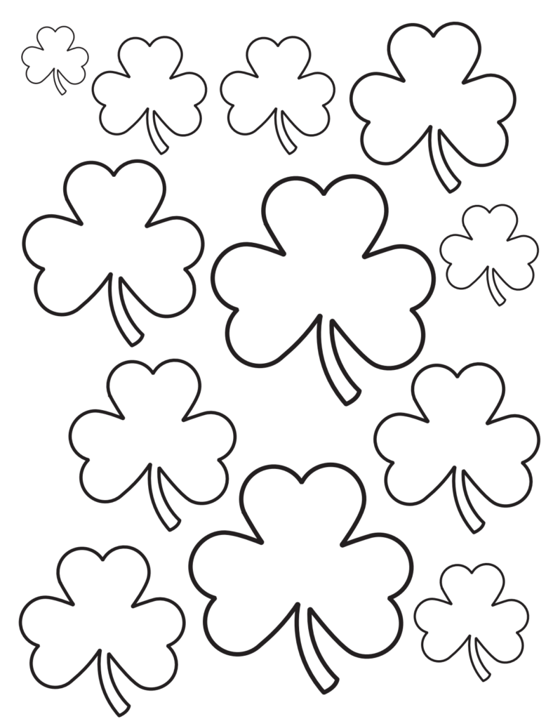 Shamrocks of various sizes on a printable sheet.