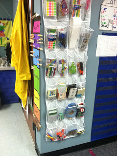 A shoe organizer is shown holding all kinds of school supplies.