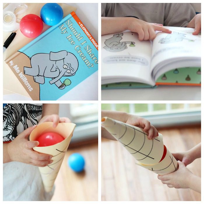 A four panel image showing a children's book and a sharing activity using paper cones and balls