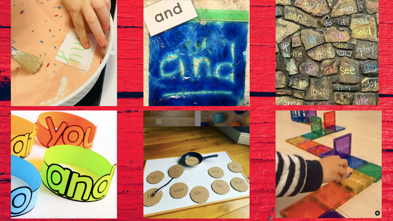 Collage of six sight word practice activities for the classroom