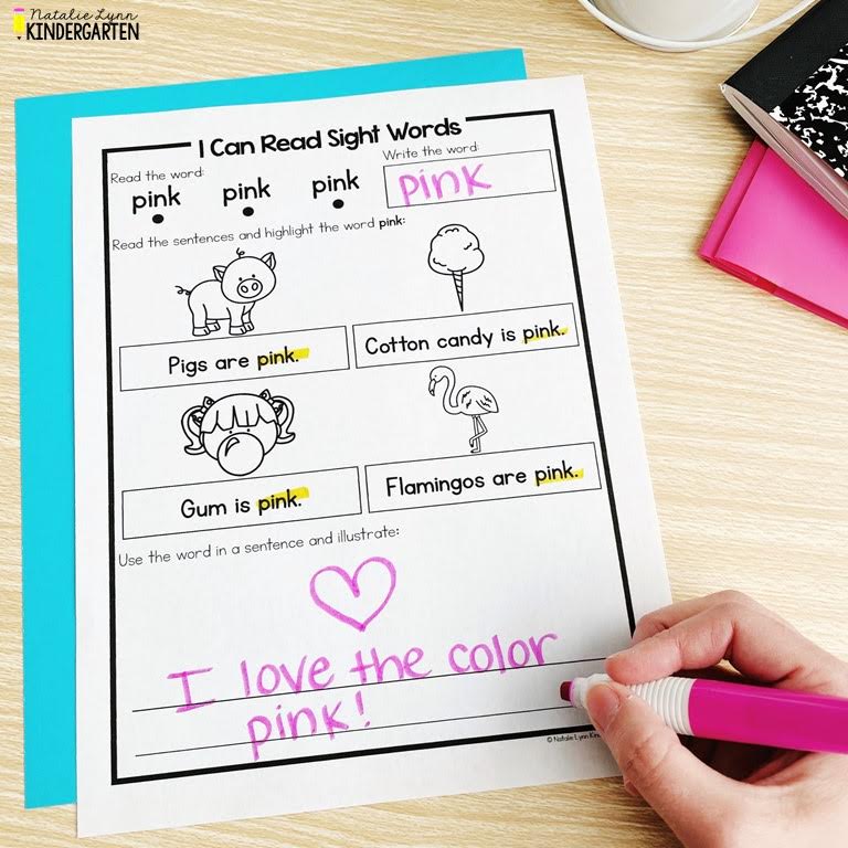 worksheet to practice the sight word "pink," including pictures and simple sentences, as an example of reading activities