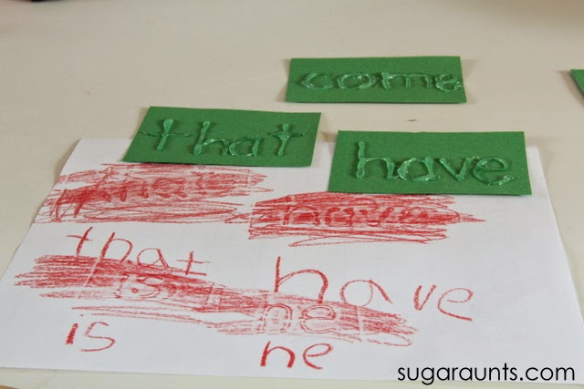 raised sight words and rubbings using crayon