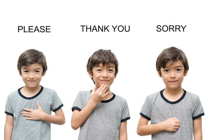 Gratitude activities include learning sign language - a boy is shown signing please, thank you, and sorry.
