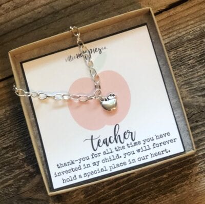 Silver chain bracelet for teachers with apple charm in box