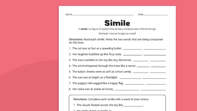 Flat lay of simile worksheet