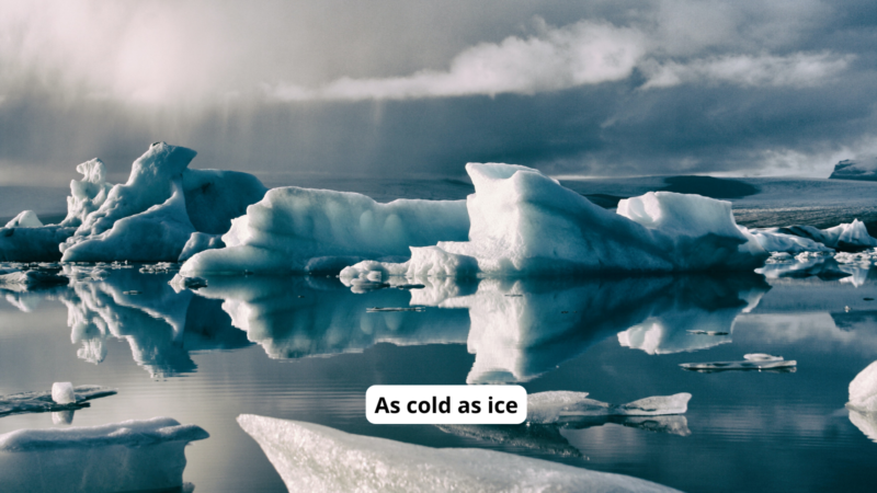 Icebergs floating on the ocean with text reading "As cold as ice"