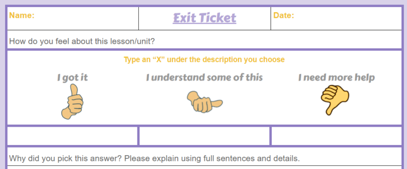 An exit ticket with illustrations of a thumb up, thumb sideways and thumb down indicating the level of each student's understanding