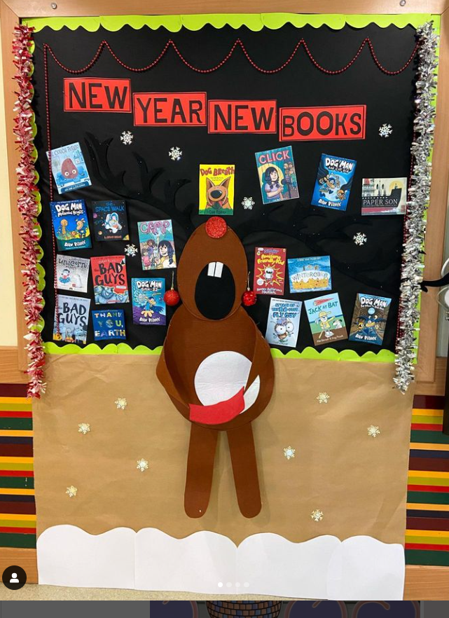 A cutout of a reindeer singing is surrounded by book covers. Text reads New Year, New Books.