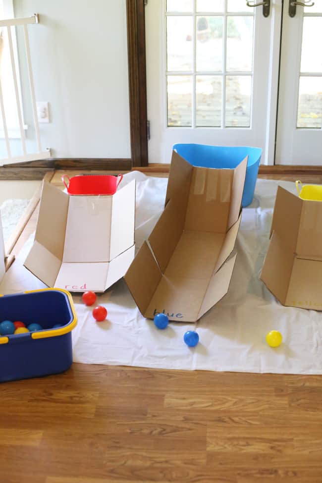 Homemade skee ball game, as an example of gross motor activities.