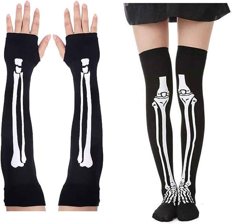 Black knee socks and fingerless elbow gloves with bones printed on them 