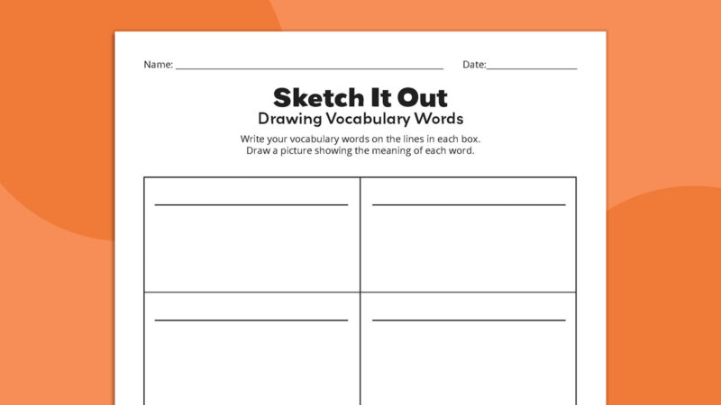 Flat lay of Sketch It Out vocabulary  worksheet