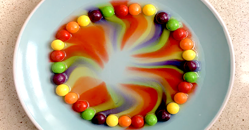 Skittles form a circle around a plate. The colors are bleeding toward the center of the plate. (easy science experiments)