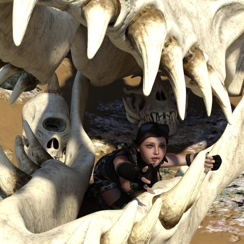 Child hiding inside a large toothy skull, reaching out a hand