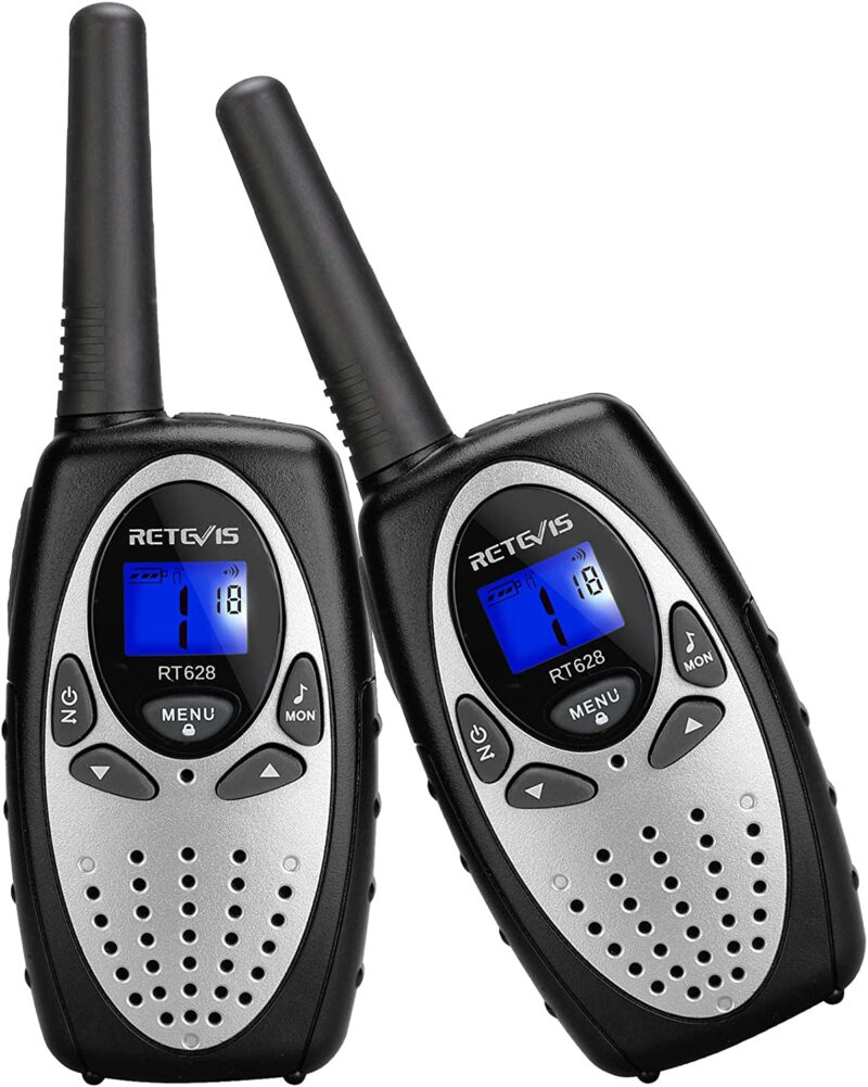 Two small walkie talkies are shown. The best walkie talkies are affordable like these with a blue screen, gray speaker, and black base and antennae. 