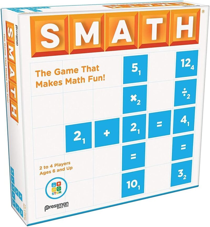 A white box says SMATH across the top. It shows math equations laid out crossword style (math board games)