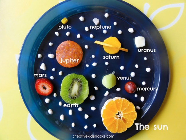 A blue plate has various pieces of fruit and meats labeled as different planets and the sun (solar system projects)