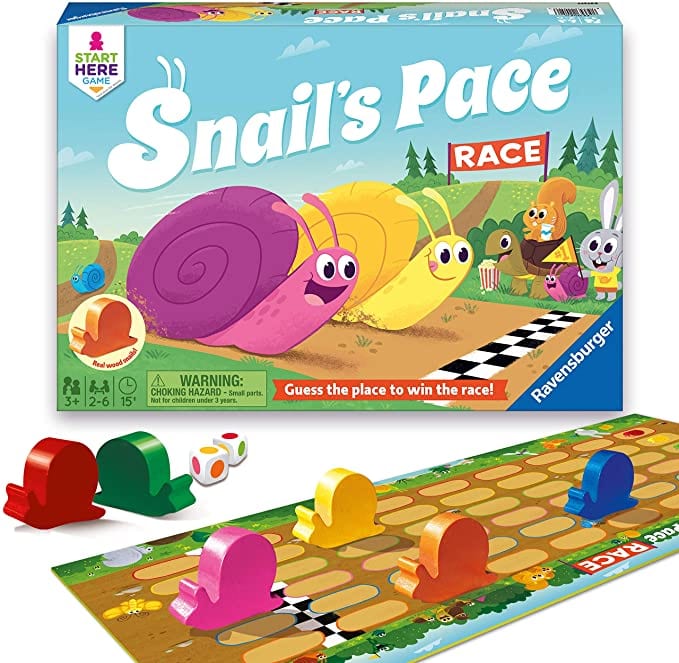 Box and game board with multicolored snail game pieces for Snail's Pace Race game as an example of best preschool card games and board games for the classroom