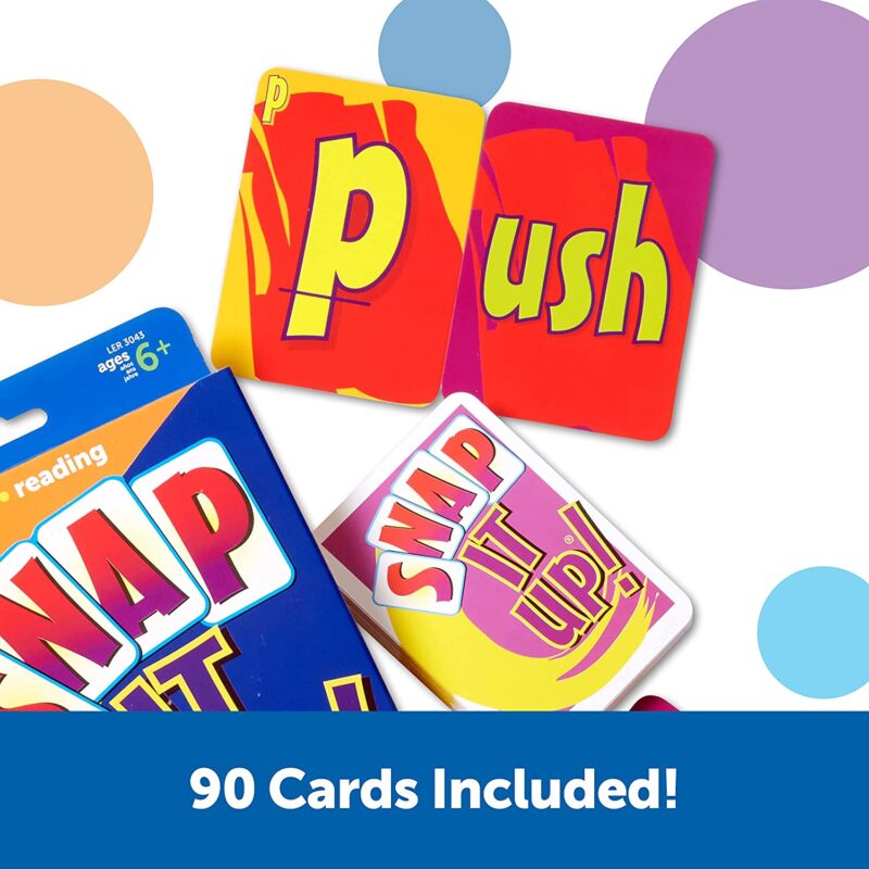 A card game box says SNAP IT UP on it. Two cards are shown. One says P and the other says ush. Together they spell push (fun card games)