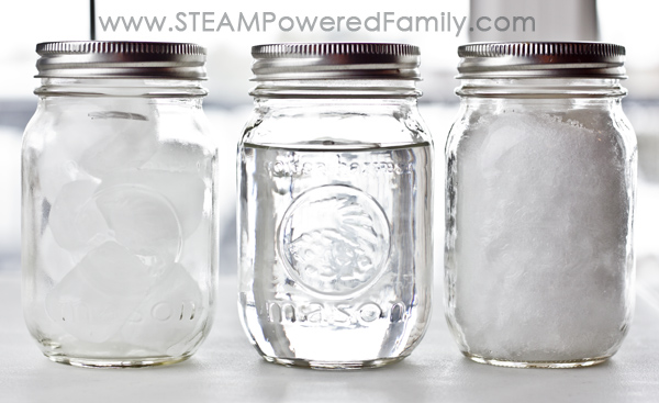 three jars with water snow and ice in them to see which melts fastest 