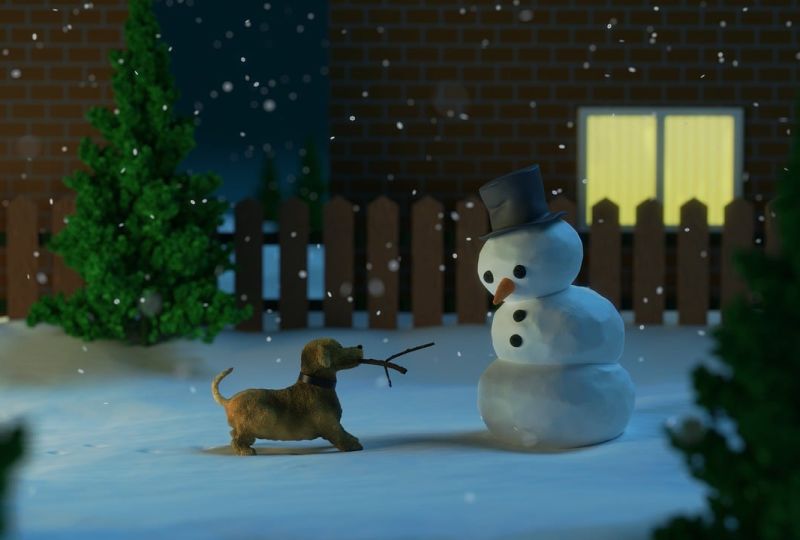 A claymation dog bringing a stick to a snowman in a snowy scene