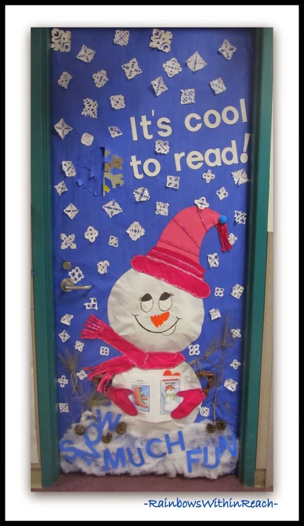 a door is blue with snowflakes falling around a snowman reading. Text reads It's cool to read.