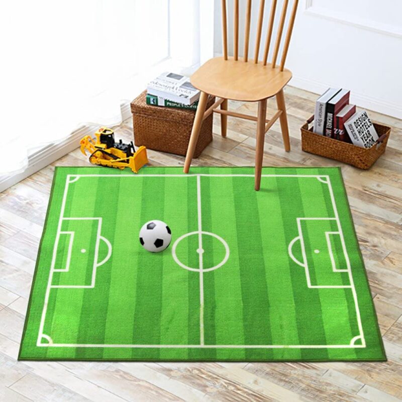 A rug is designed to look like a soccer fied. 