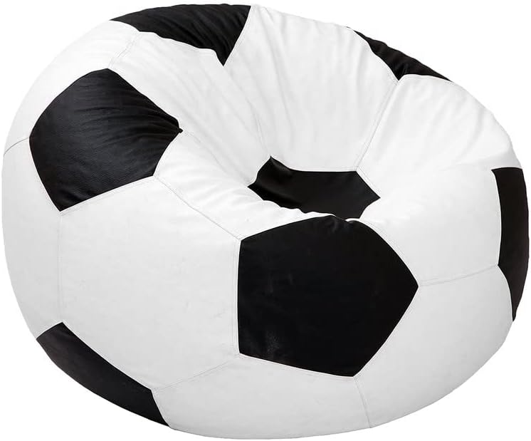 A white and black bean bag chair is made to look like a soccer ball.